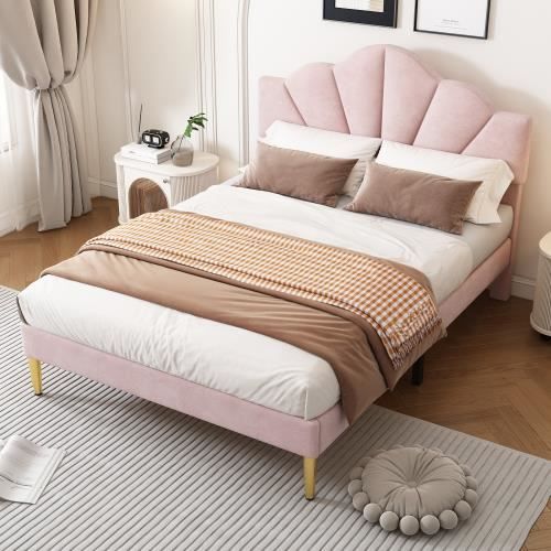 lit rembourré - marque - tête de lit réglable en hauteur - pieds en fer doré - velours rose - 140x200cm