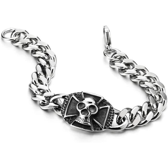 Bracelet Homme Acier Inoxydable Style Gothique Biker - Chaîne Serpent Avec Charmes Crâne Et Fermoir Pirate (22cm, 108g)