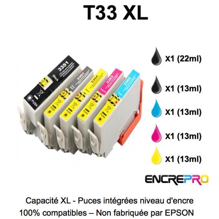 Cartouche encre Epson T3357 / 33XL - Lot de 5 cartouches compatibles.  Remplace la série Epson Orange XL