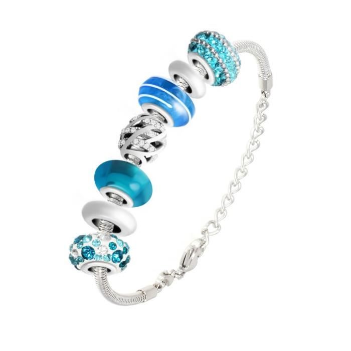Bracelet de charms perles bleues et acier SC Crystal Bracelet de charms perles bleues et acier SC Crystal