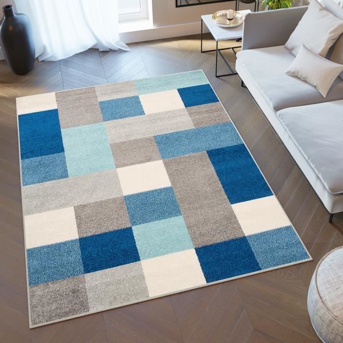 TAPISO Tapis Salon Poils Ras LAZUR Turquoise Gris Bleu Carreaux ...