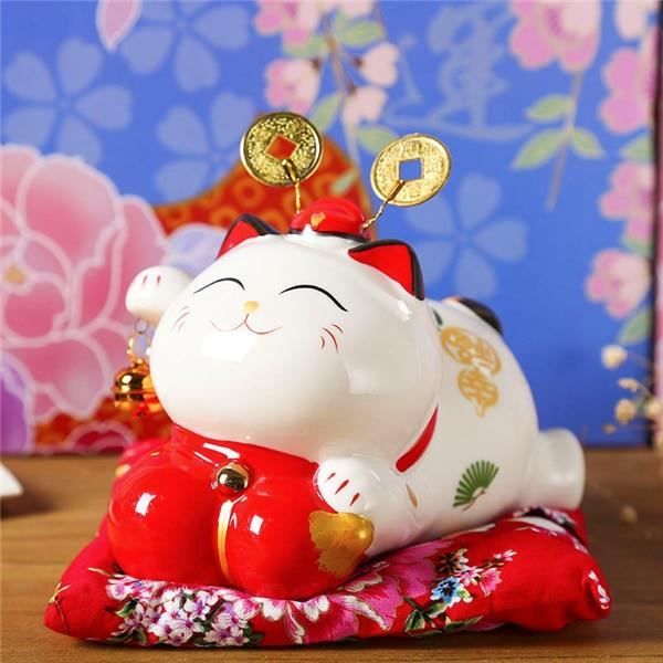 Statuette chat japonais porte-bonheur maneki neko avec bras mobile, chat porte b