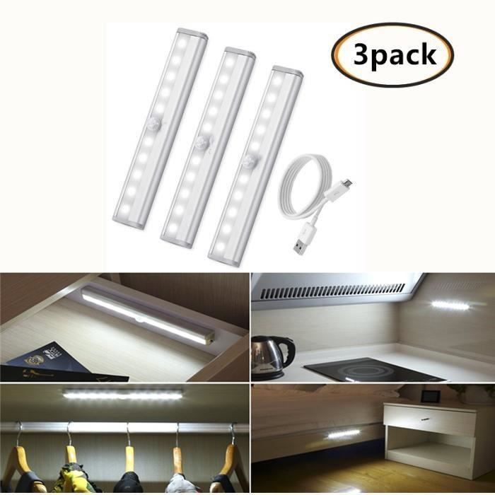 3pcs Lampe Détecteur de Mouvement 10LED Lampe de Placard USB Rechargeable Veilleuse LED Lampe Escalier-Blanc
