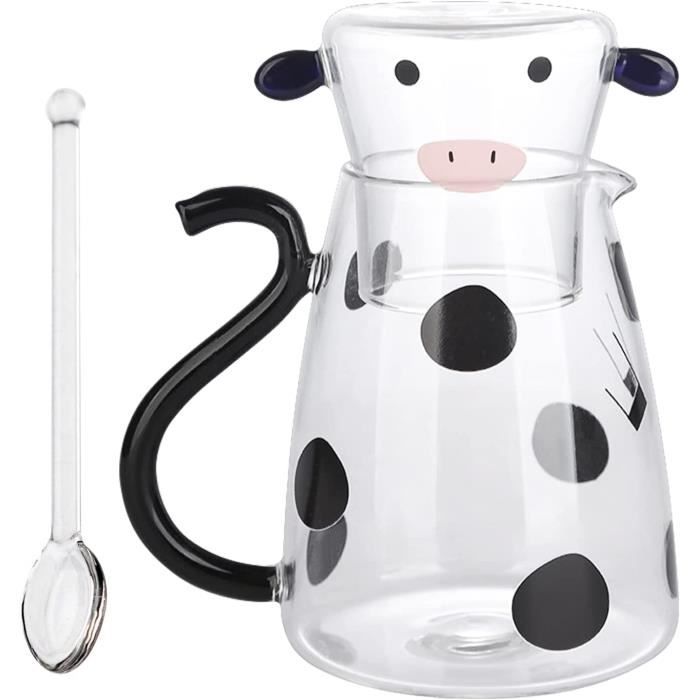 Pichet À Eau En Verre Dessin Animé De Vache Avec Couvercle,5501800 Ml Carafe En Verre Et Tasse