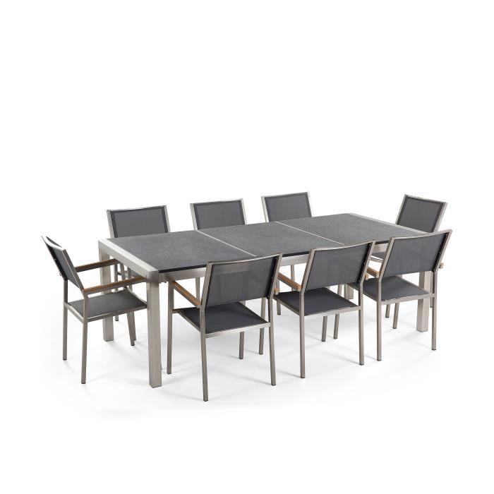 beliani - table de jardin acier inox plateau granit triple noir flambé 220 cm avec 8 chaises en textile gris grosseto