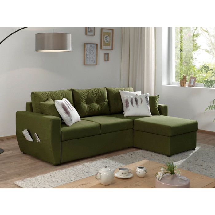 Bestmobilier Canap&eacute; d'angle r&eacute;versible convertible 4 places ASTORIA - Velours Vert Olive