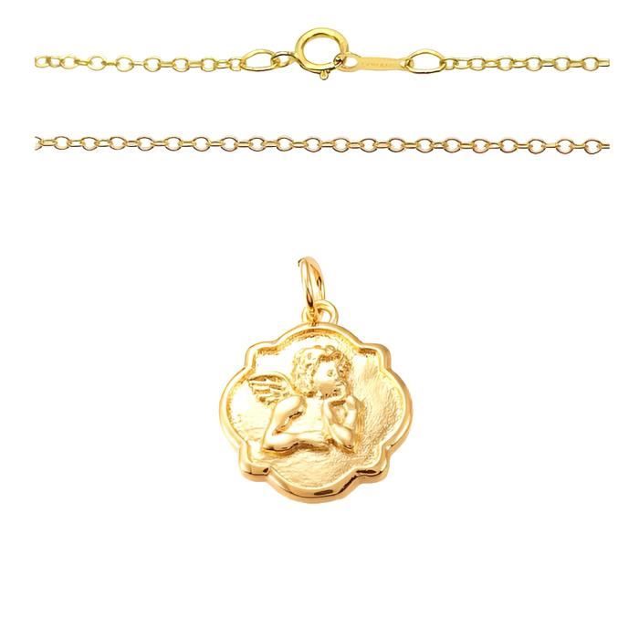 chaîne forçat et médaille pendentif ange baptême octogonale or jaune vermeil 14 carats*