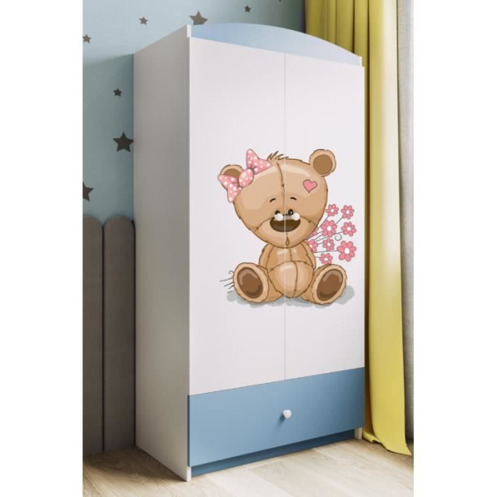 armoire enfant ourson avec fleurs 2 portes 1 tiroir de rangement - bleu