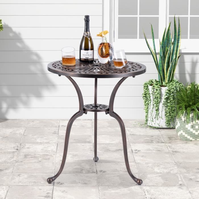costway table de jardin ronde 61 cm en fonte d'aluminium, table d'appoint avec trou pour parasol, pieds réglables