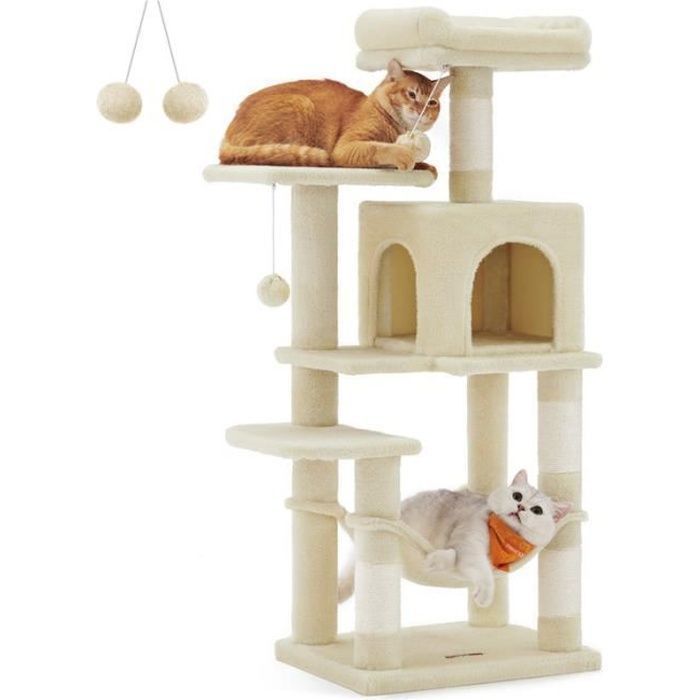 Meilleurs prix pour Arbre à Chat - FEANDREA - Hauteur 112 cm - 4 Poteaux à Griffer - 2 Plateformes - Niche - Hamac - Beige