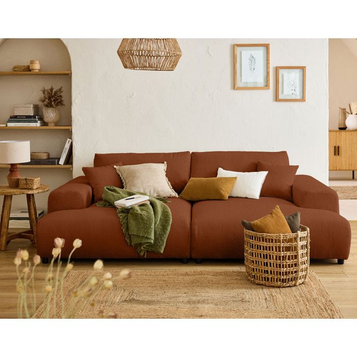 Garance - canapé droit 4 places double méridienne - assise profonde - en velours côtelé - Terracotta