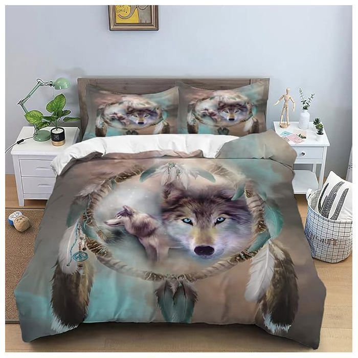 Parure de Lit 3D Loup Attrape-Rêves 220x240 cm – Housse de Couette + 2 Taies 63x63 cm – Microfibre