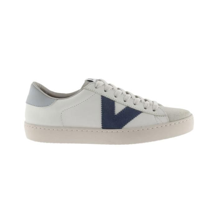 Victoria Baskets Homme - VICTORIA - Berlin Contraste - Cuir Blanc Souple - Bout Fendu - Bleu - Lacets - Plat