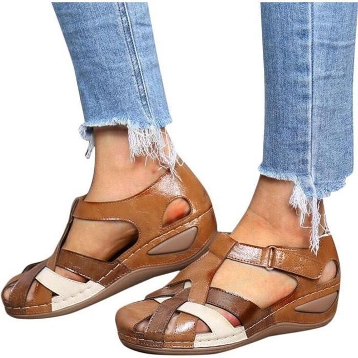 Sandales Plates Femme MINETOM Kaki Bout Ferme Fermeture Velcro Confortable a Marcher Kaki Cdiscount Chaussures