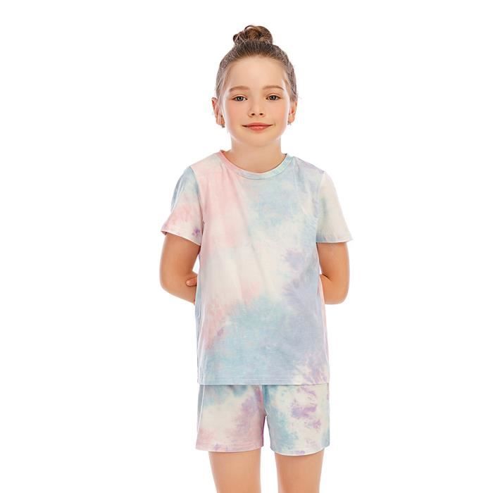 Ensemble de Pyjama Court Tie Dye YIZYIF pour Enfant Fille Manches Courtes Ete 5 14 Ans Bleu