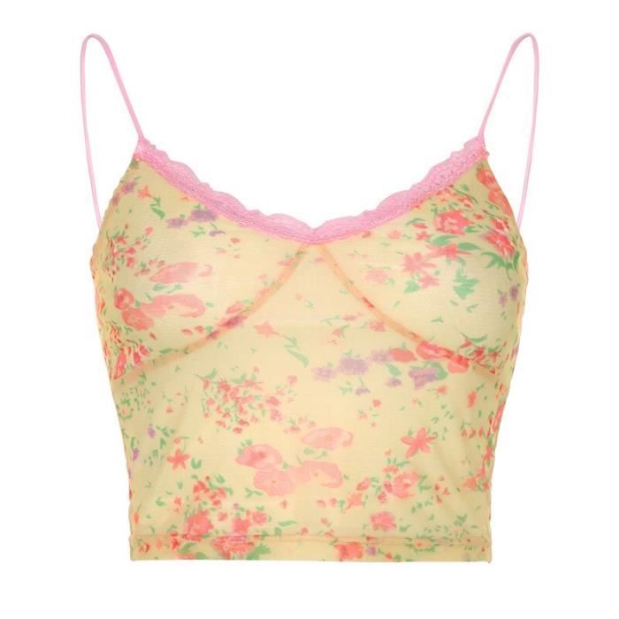 Tee-shirt à bretelles en côtes dentelle femme - écru