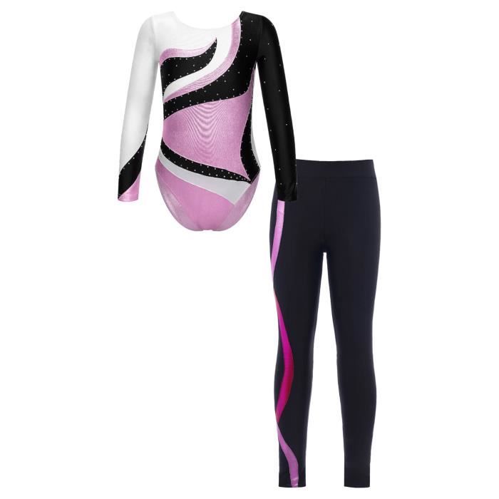 YONGHS Enfant Fille Justaucorps Gymnastique Strass Manche Longue avec Leggings Costume Spectacle 5-10 Ans