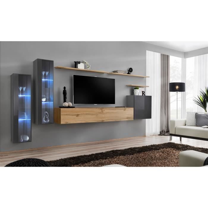 ensemble meuble salon mural switch xi design - price factory - chêne wotan et gris brillant - 1 porte - marron