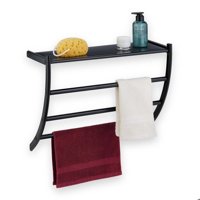 Relaxdays Porte-serviettes mural HxLxP: 44 x 56 5 x 23 cm tablette & 3 barres support serviettes salle de bain noir