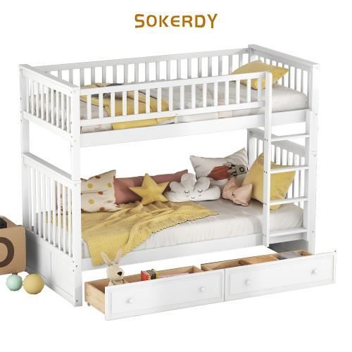 sokerdy lits superposés 90x200cm, lits enfants, lits fonctionnels, lits superposés avec tiroirs, lits convertibles, blanc