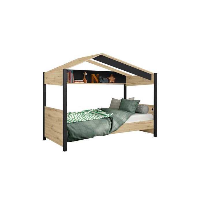 lit cabane - tousmesmeubles - chennai - bois/noir - 90x200 cm