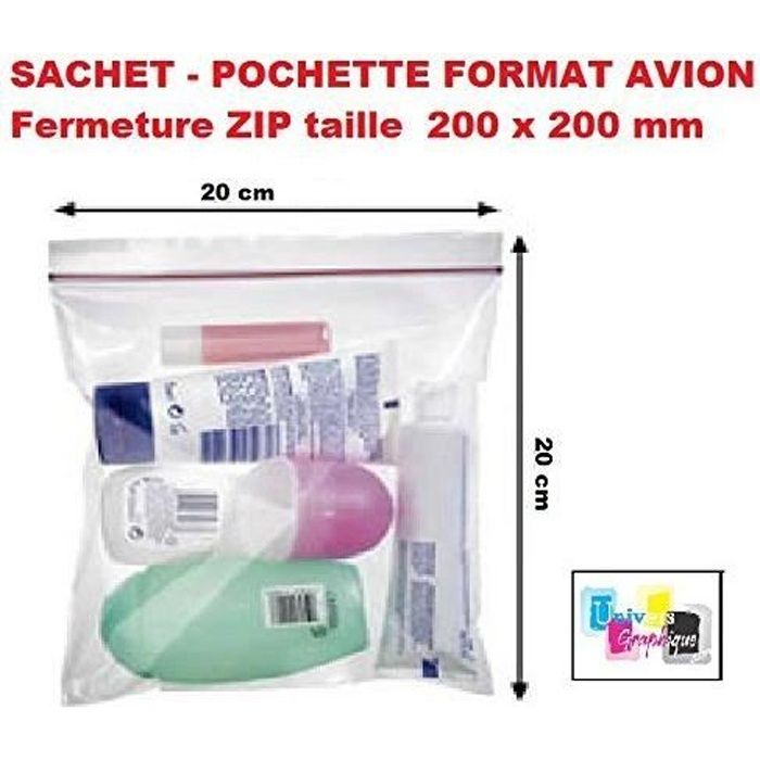 lot de 5 ex Pochette Sachet avec fermeture par ZIP 200 X 200 mm Id al pour les liquides en avion a roport Format Avion
