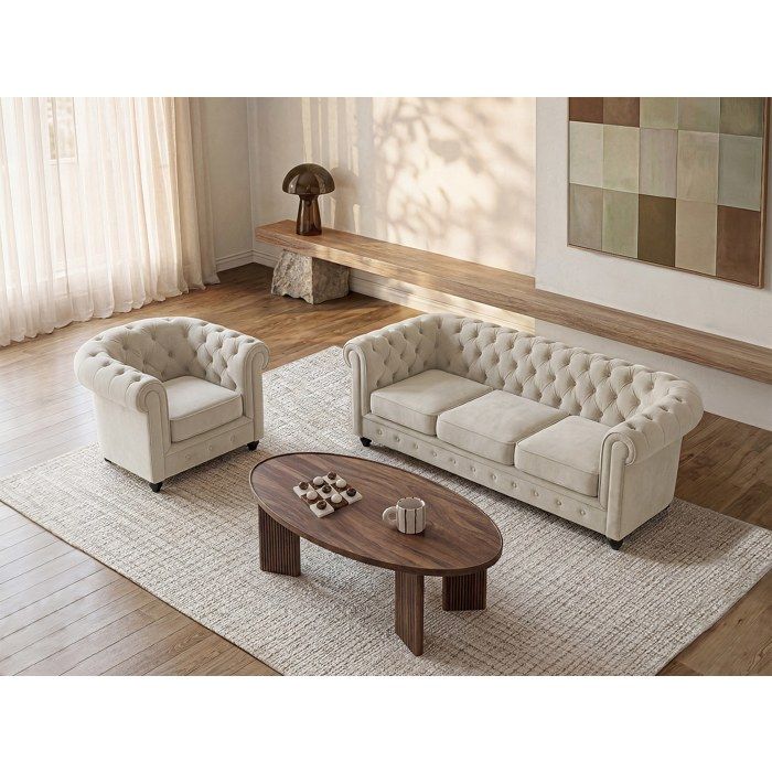 Canapé 3 places et fauteuil en velours beige CHESTERFIELD Canapé 3 places et fauteuil en velours beige CHESTERFIELD