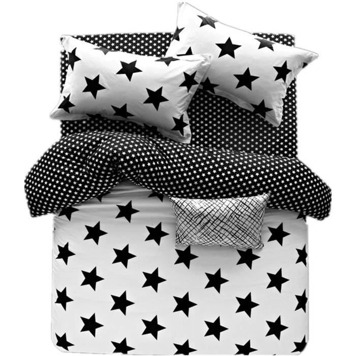 Housse De Couette En Coton Europeen Style Noir Et Blanc Rayures E Ousse De Couette 2 Taie D Oreiller Motif D Etoile 200 230cm Cdiscount Maison