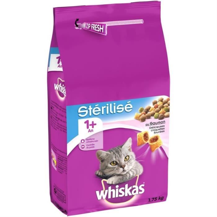 Comparer les prix de Croquettes pour chat stérilisé au saumon WHISKAS - 1750g x 3