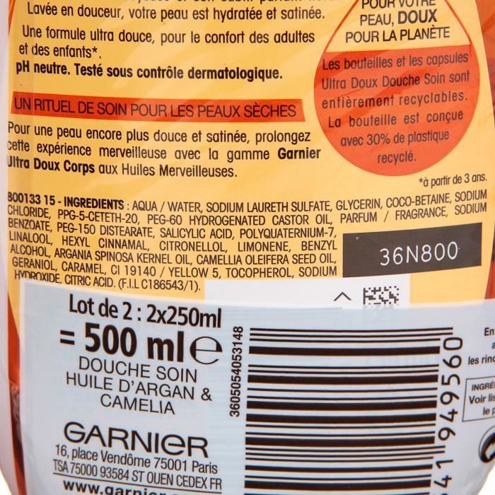 GARNIER Ultra Doux Gel douche Camélia et Argant 250 ml Lot de 2