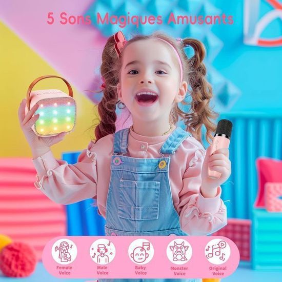 Karaoké Enfant Avec 2 Micros Sans Fil Bluetooth - Effets De Voix, Lumières LED - Pour Fêtes, Anniversaires - Cadeau Fille 3-12 Ans