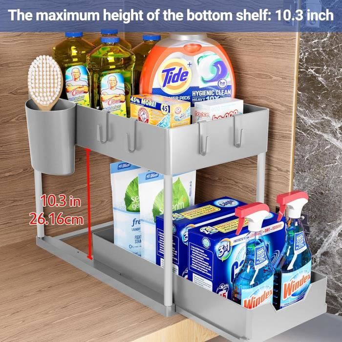 Rangement Sous évier à 2 Niveaux Coulissant - Métal Blanc - Réglable En Hauteur - Pour Cuisine Ou Salle De Bain