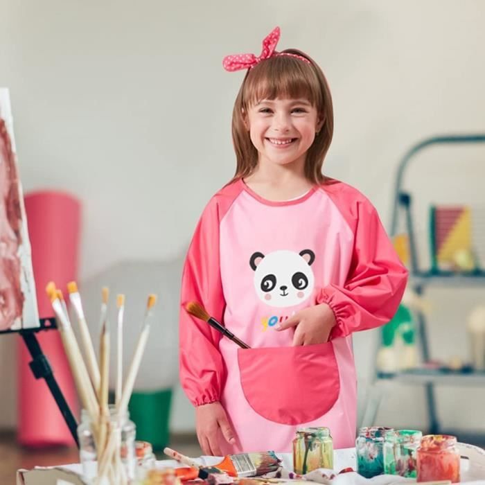 QOWIJEX Tablier Imperméable Pour Enfants - 3-8 Ans - Noir Avec Motif Panda - Manches Longues Et Poche - Idéal Pour Peinture, Cuisine, Bricolage - Unisexe