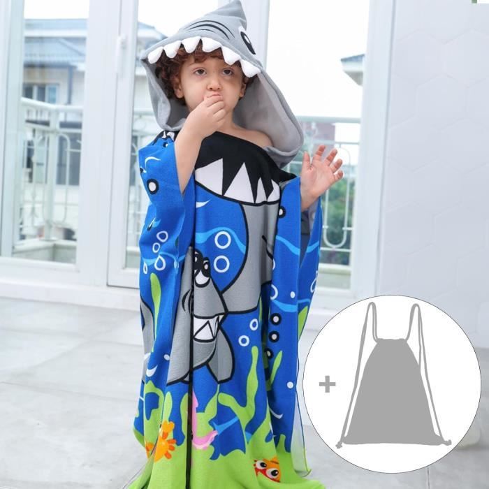 Serviette De Bain Enfant à Capuche - Poncho Piscine Dinosaure Vert 65x75 Cm - Microfibre Absorbante