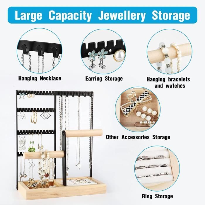 Présentoir à Bijoux En Métal Avec Base En Bois - Porte Colliers, Bracelets, Boucles D'oreille - Design En T, Montage Facile - 12