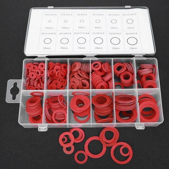 Kit 600 Joints Plats Assortis Rouge Fibre & Papier Acier - 12 Tailles, Boîte De Rangement Incluse