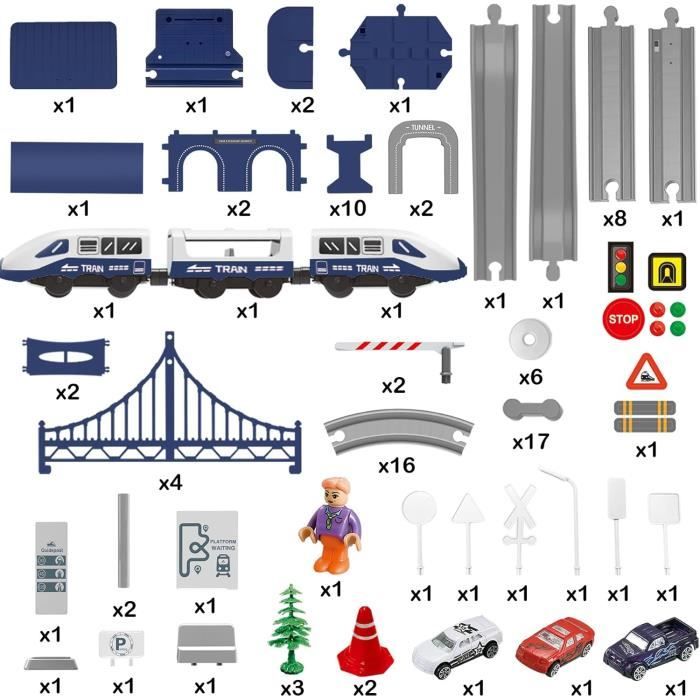 LZDMY Train Électrique 73 Pièces - Circuit Flexible Avec Feux De Signalisation - Voitures Et Hélicoptère - Cadeau Enfant 3-7 Ans