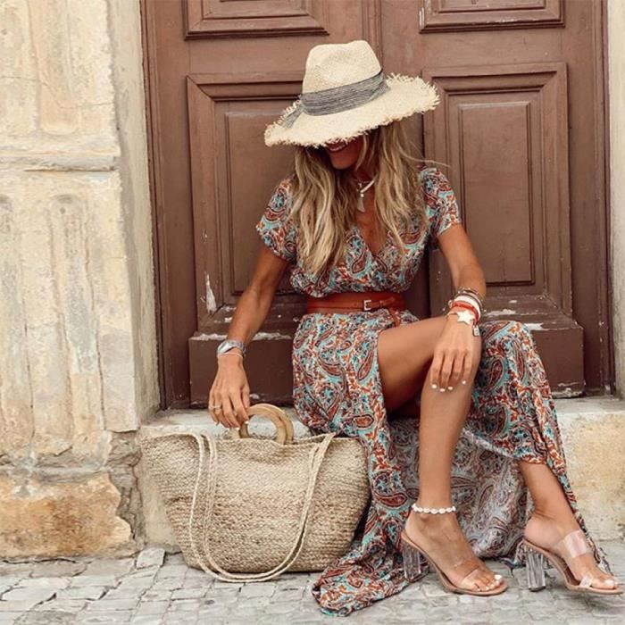 Robe Longue Style Boh me avec Col en V pour Femme Tenue l gante