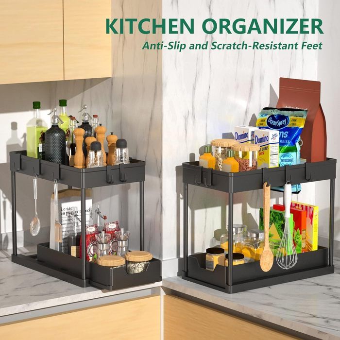 Organisateur Sous évier à 2 étages Avec Panier Coulissant - Rangement Pour Produits Ménagers Et Salle De Bain - Dimensions 39.5x36x21.5 Cm