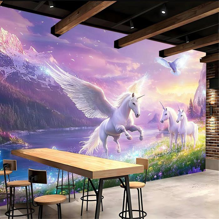 Papier Peint Panoramique Enfant 350x256cm Licorne et colombe blanche 3D ...
