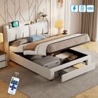 Lit coffre 160x200 cm - EIFSON - Velours Beige - Sommier LED - Prises USB - Rangement intégré