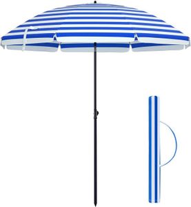 PARASOL Rayures bleues et blanches Parasol de Plage 2 m, Ombrelle de Jardin, Protection UPF 50plus, inclinable, Portable, résistant au