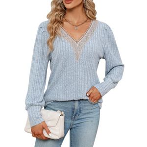 PULL Sonew Top Femme Dentelle V Col Manche Longue Pull Tricot Loose Fit