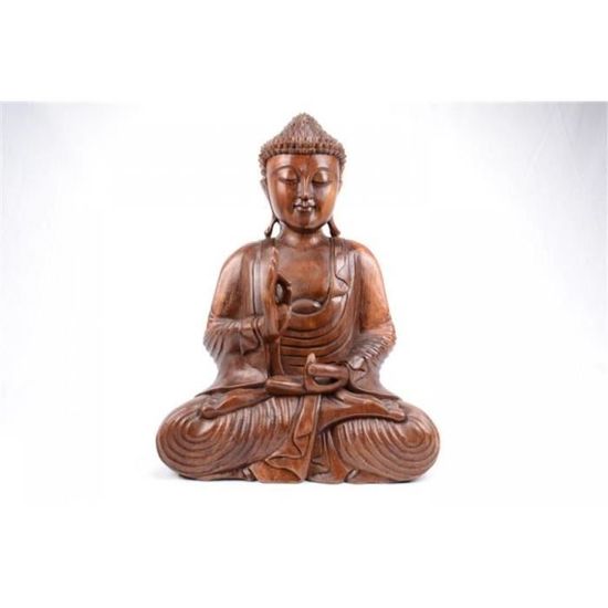 Grande statue de Bouddha Zen en bois massif sculpté main h40cm