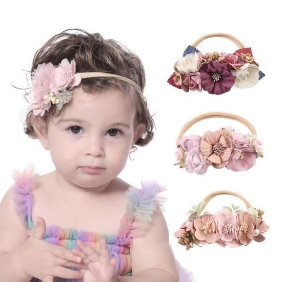 Lot 4 Bandeaux serre-tête élastique avec fleur / Blanc, rose, rouge, corail  / accessoire cheveux pour enfants