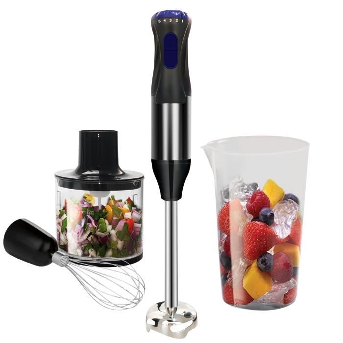 Mixeur Plongeant Multifonction 4 en 1000W, 5 Vitesses + Turbo, Hachoir de 500ml, Récipient Doseur de 700ml, Fouet, Robot de Cuisine