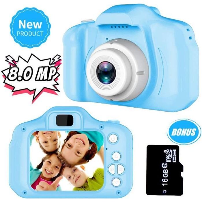 Appareil Photo Enfant,Électronique Jouets 3-8 Ans Garçons , 8MP Vidéo Record avec Carte TF 16 Go Bleu Cadeaux Anniversaire Noël