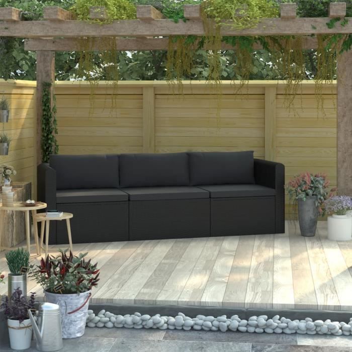 Canapés de jardin 3 pcs Canapé de Terrasse Canapé de Patio Extérieur Mobilier d'extérieur - avec coussins Résine tressée Noir