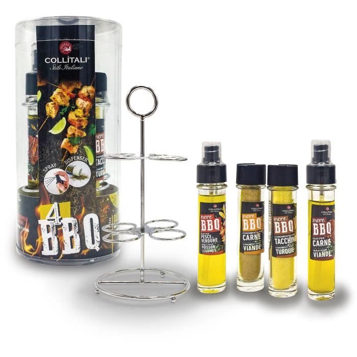 COLLITALI QUATTRO BBQ : spray huile olive romarin 30 ml, huile olive citron 30 ml, poivrière 17 g, salière / poivre fumé bois 40 g.