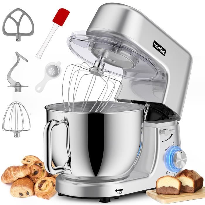 Homlee Robot pâtissier multifonctions - 1800W - Bol de 7,2L - Batteurs + fouet + crochet